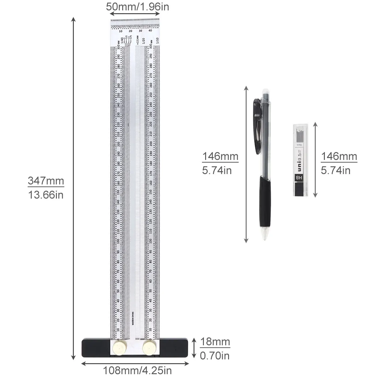 200/300/400 mm Precision Marking Stainless Steel T Ruler Scribing Gauge Rule Woodworking Measuring Tool with Automatic Pencil