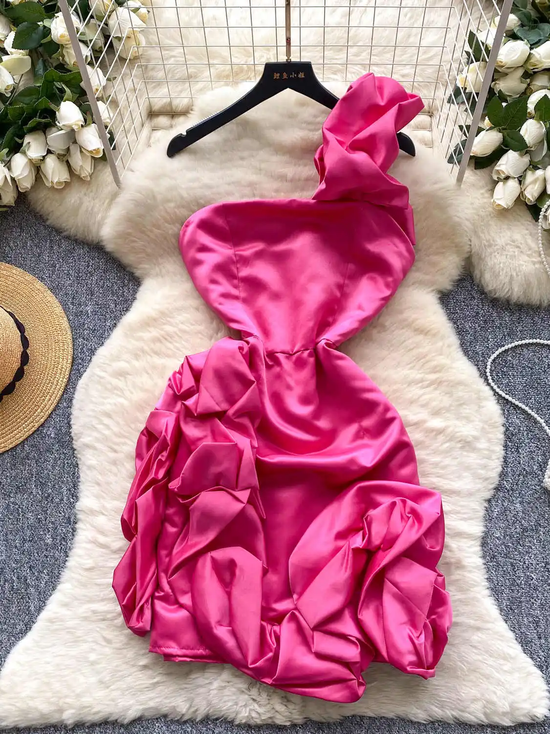 

Women's Rose Red Evening Dress Vintage Elegant Off Shoulder 3D Floral Luxury Mini DressY2k One Piece Frocks 2000s Clothes Summer