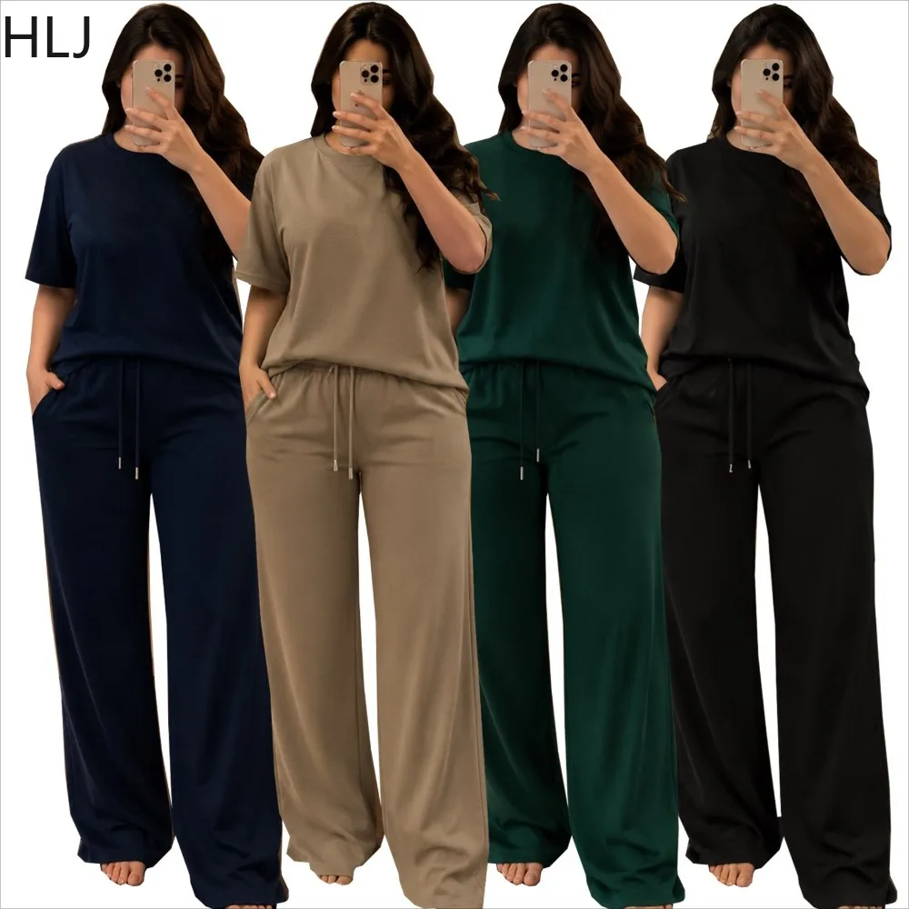 

HLJ Casual Women 2 Piece Set Casual Short Sleeve Crew Neck T-Shirt + High Waist Drawstring Wide Leg Pants Tracksuit Loungewear