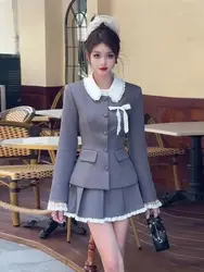 Elegant Two-piece Skirt Set Women Long SleeveSingle Breasted Blazer Coat Lace Pleated Min iSkirt Autumn Korean Fashion Qutfits