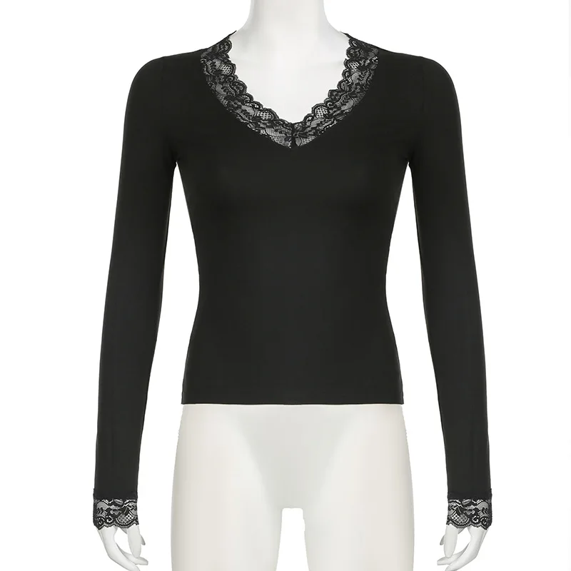 2024 Autunno Primavera Casual Solid Lace Trim T Shirt Basic Slim scollo a V manica lunga Tees Moda donna Streetwear Ladies