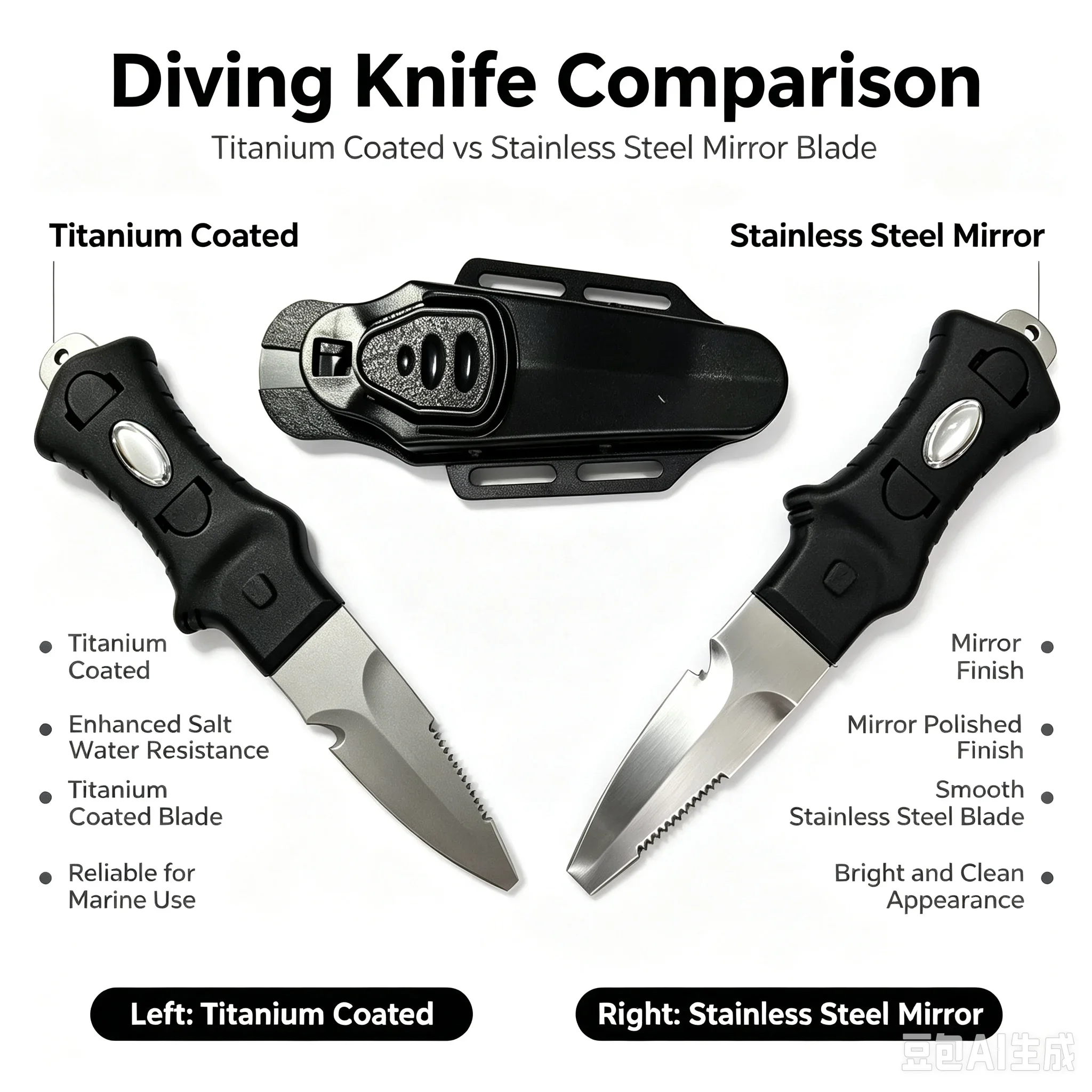 Titanium Plated /Mirror Surface Diving Knife, Leg Mount Underwater Rope Cutter for Water Rescue, Survival & Outdoor Exploration