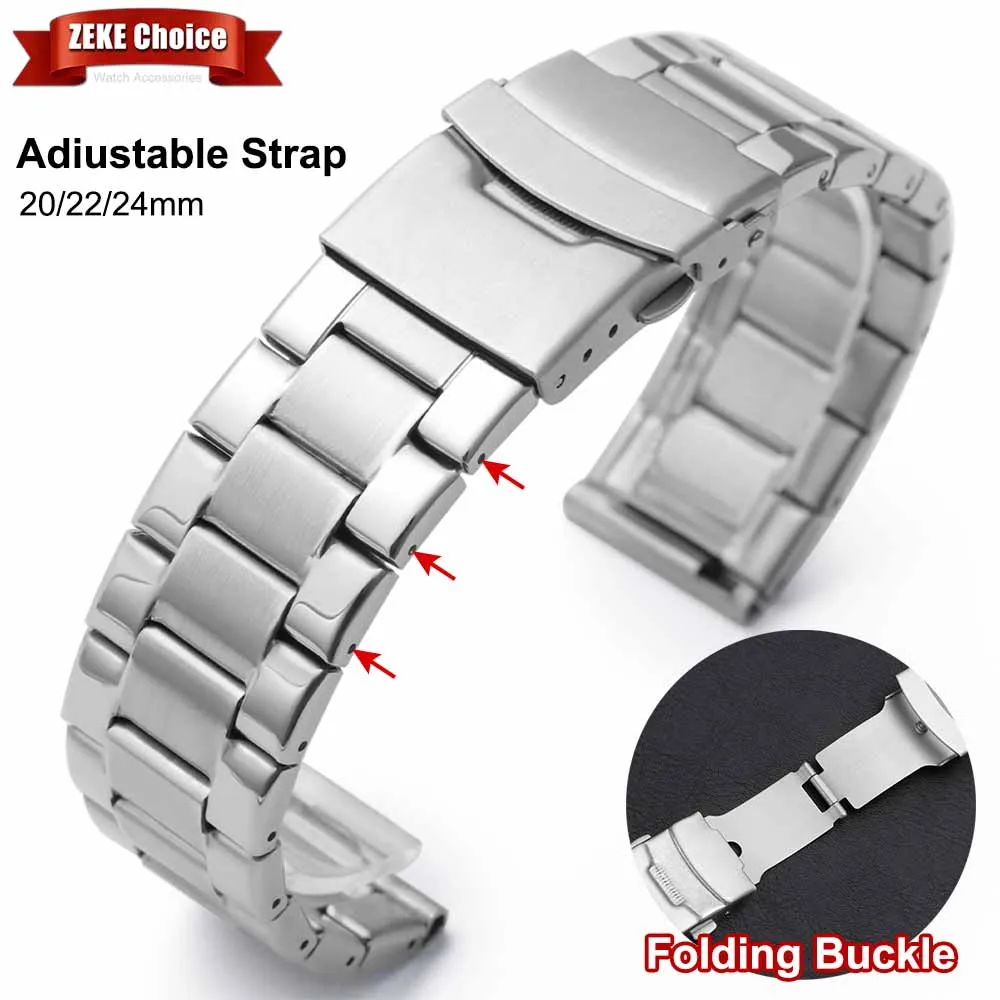 Edelstahl-Uhrenarmband, 20 mm, 22 mm, 24 mm, universelle Ersatzbänder aus Metall, flache Schnittstelle, Faltschnalle, Armband mit Werkzeug