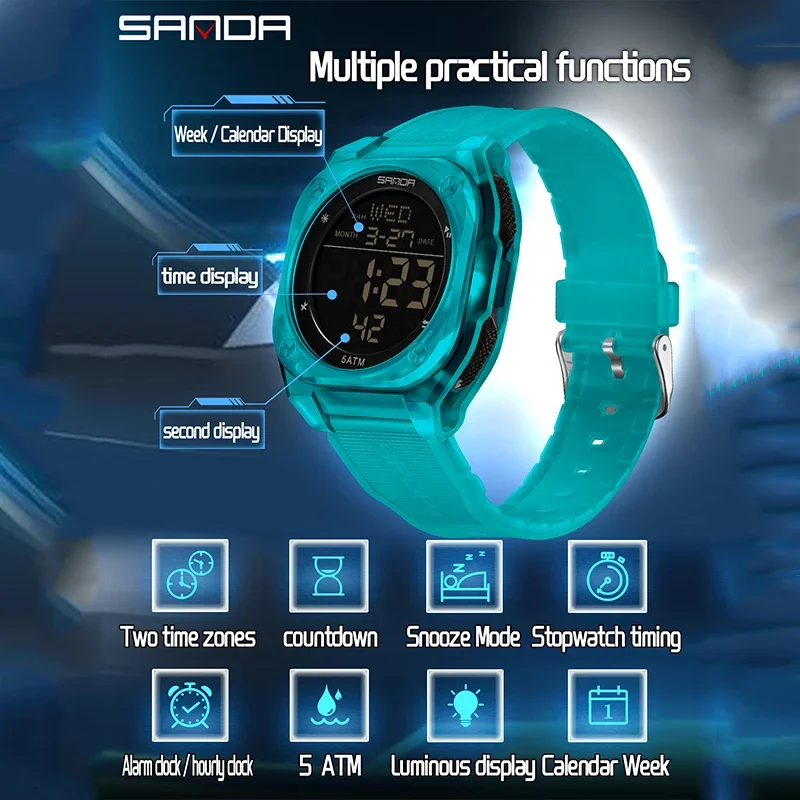 SANDA 패션 전자 남성용 시계 다기능 알람 시계 LED 빛나는 방수 시계 새로운 실리콘 스포츠 남성용 손목 시계