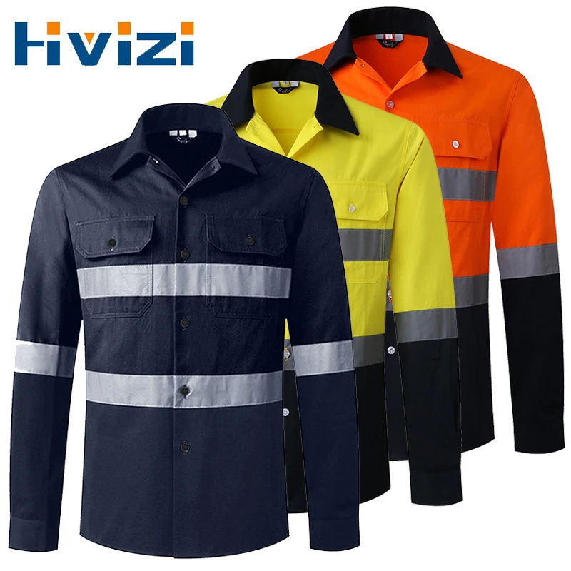 Hi Vis Reflective Shirt Men Hi Viz Reflective Polo Long Sleeve with Pockets Customer Logo and Text