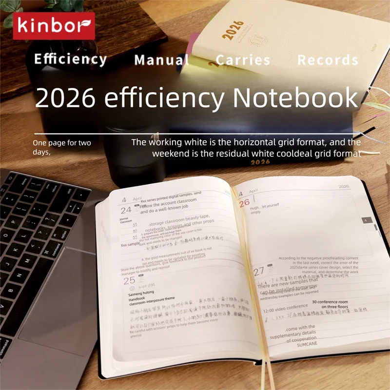 Kinbor 2026 سنة A5 كفاءة دفتر أسبوعي شهري سنوي مخطط لينة بولي أغطية أغطية جلد 78 جرام Kinbor ورقة الوقت التقويم