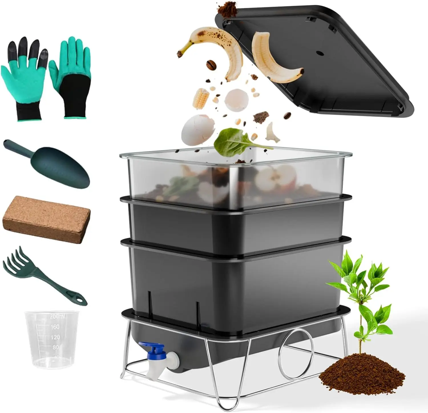 

3-Tray 15L Worm Composting Bin with Tool Set - Efficient Indoor/Outdoor Organic Waste Recycler for Healthier Plants (Black)