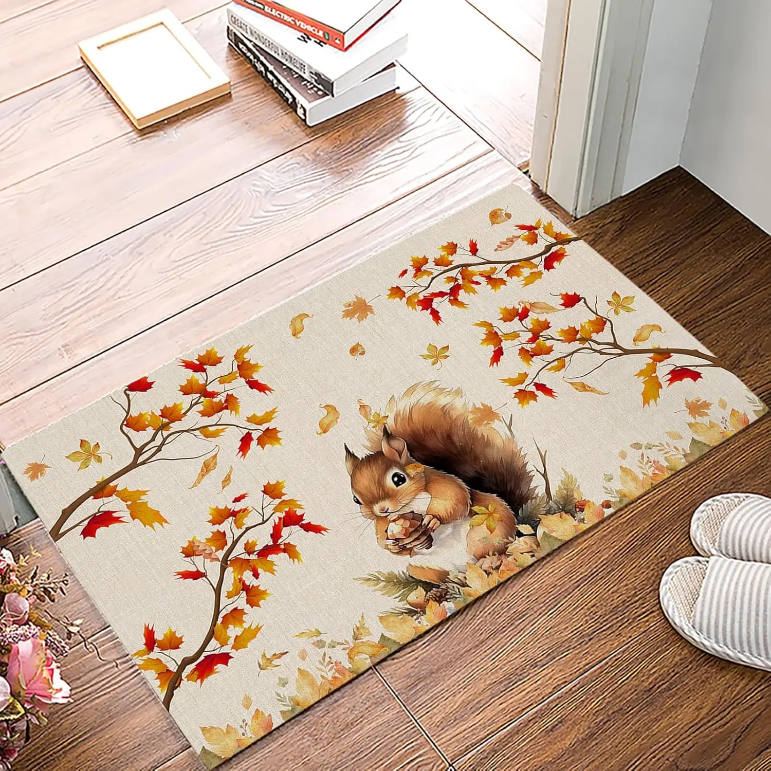 Thanksgiving Fall Doormat Maple Leaf Squirrel Autumn Welcome Mat Living Room Kitchen Non-Slip Floor Mat Thanksgiving Decorations