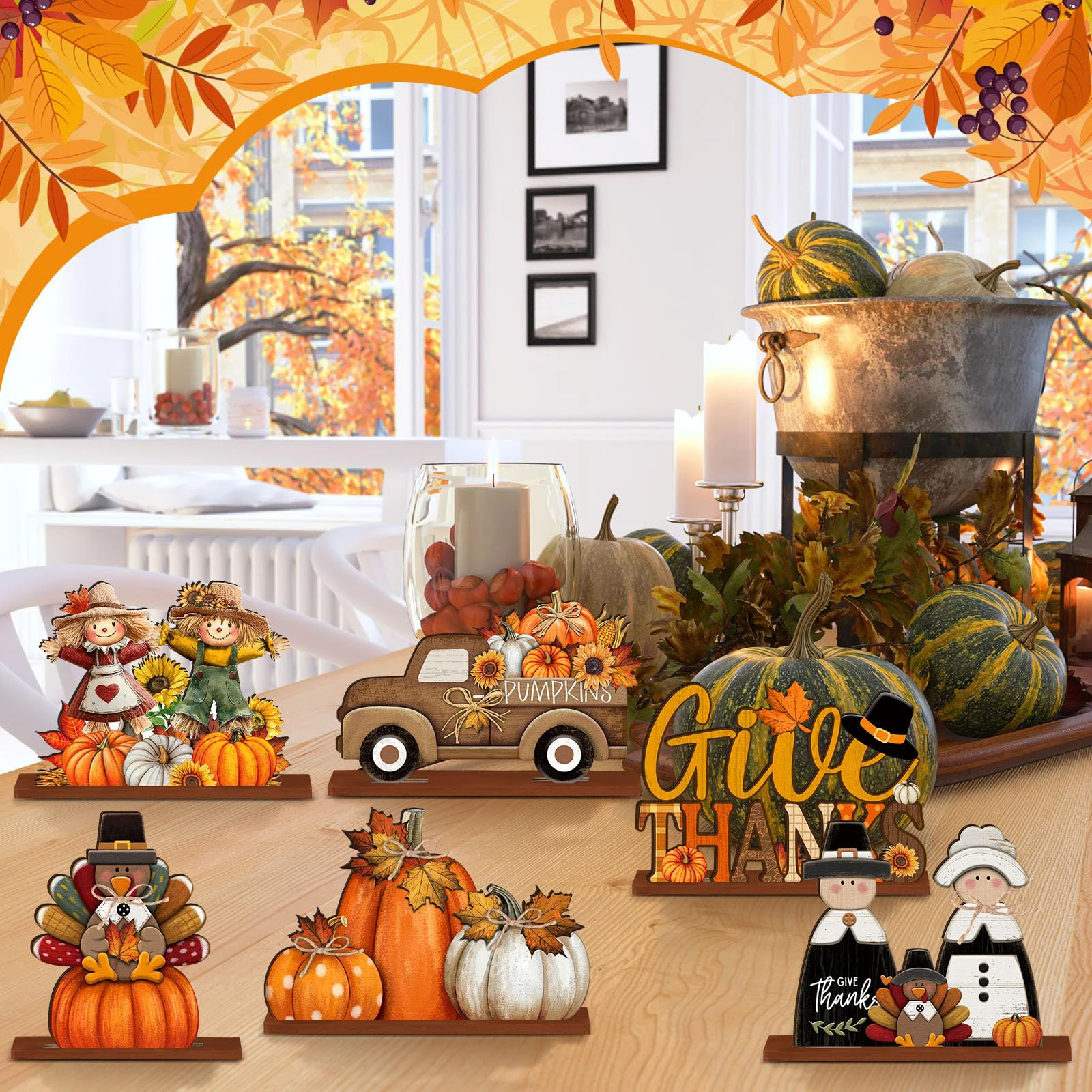 6 قطعة الشكر خشبية منضدية تمثال اليقطين تركيا الفزاعة نمط الخريف الحصاد موضوع الحلي للحفلات المنزلية #3