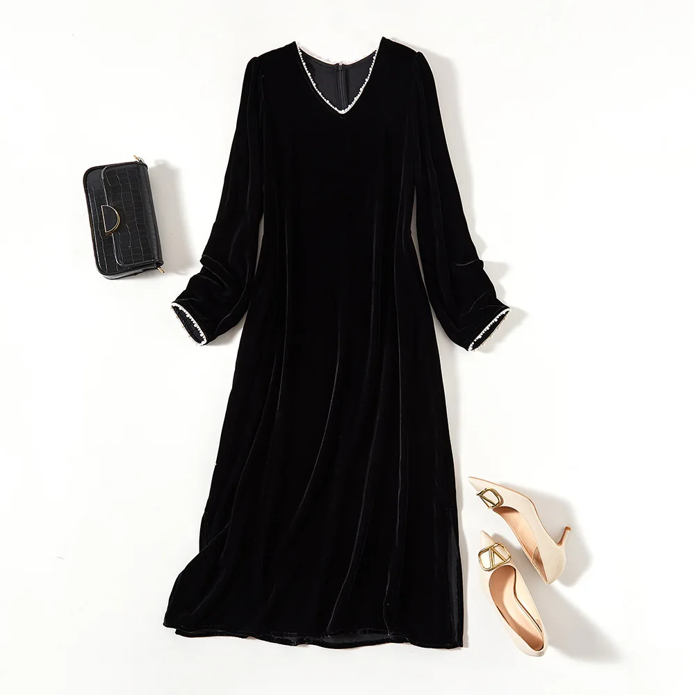 Winsleter-Bottom 100%Silk Elegant Velvet Dress, Long Sleeve Beading, Women French Retro Temperament Dresses, 2025 Fall D59202CC