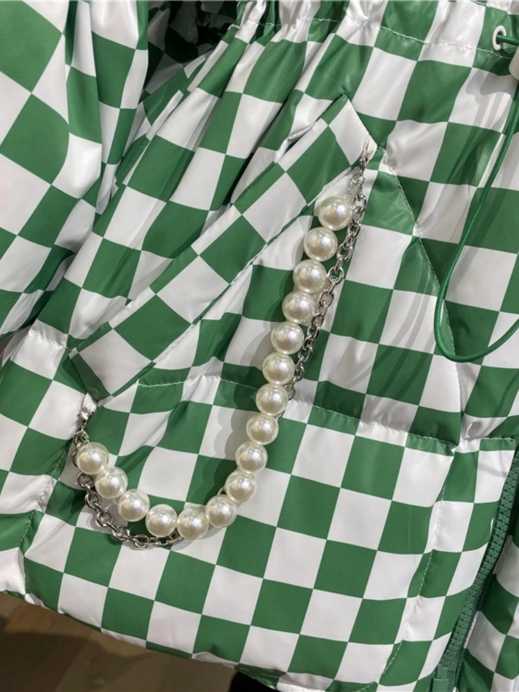 الشتاء منقوشة أسفل سترة 2025 جديد كبير التلبيب خياطة منتصف طول سترات المرأة موضة Y2k رشاقته فضفاض الأبيض بطة معطف منتفخ