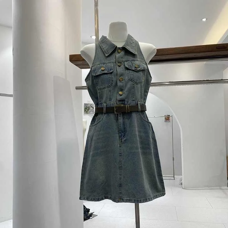 

Retro Temperament Sleeveless Denim Vest Skirt Women's Summer Hong Kong Style Spice Girl Lapel Dress Short Skirt Age Reduction