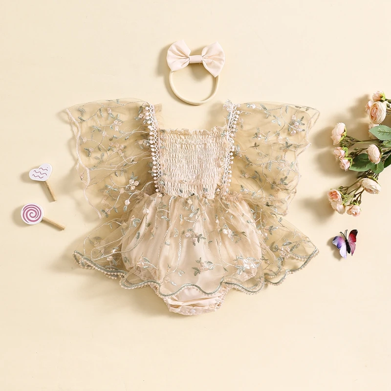 

Summer Baby Girls Lace Tulle Romper Dress Fly Sleeve Flower Embroidery Mesh Bodysuits Headband Outfits Infant Toddler Sunsuits