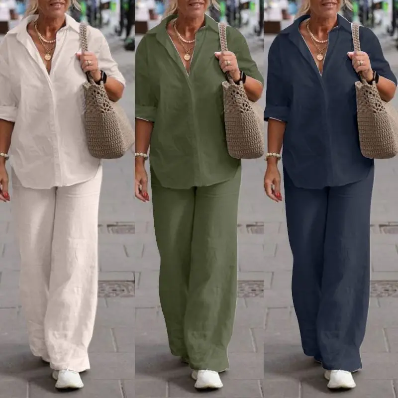 

Two-Piece Blouse Wide Leg Pants Suit Spring Faion Ladies Set Student orm Work Outfit Comfortable Breathable Cotton Blend