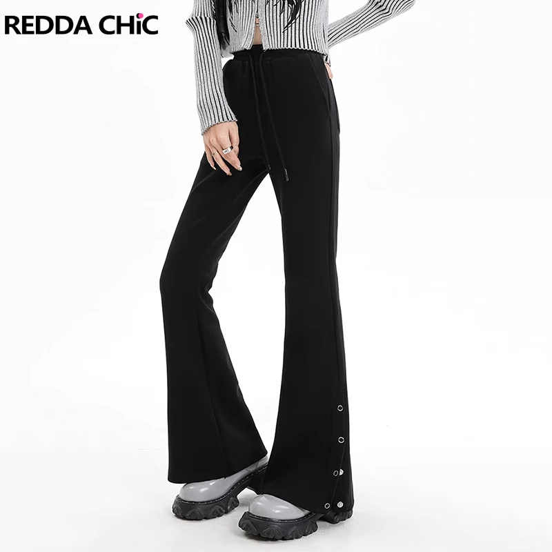 

REDDACHiC Buttoned Slit Women Bootcut Pants Solid Drawstring Elastic Waist Bell Bottoms Draped Casual Trousers Autumn Clothes