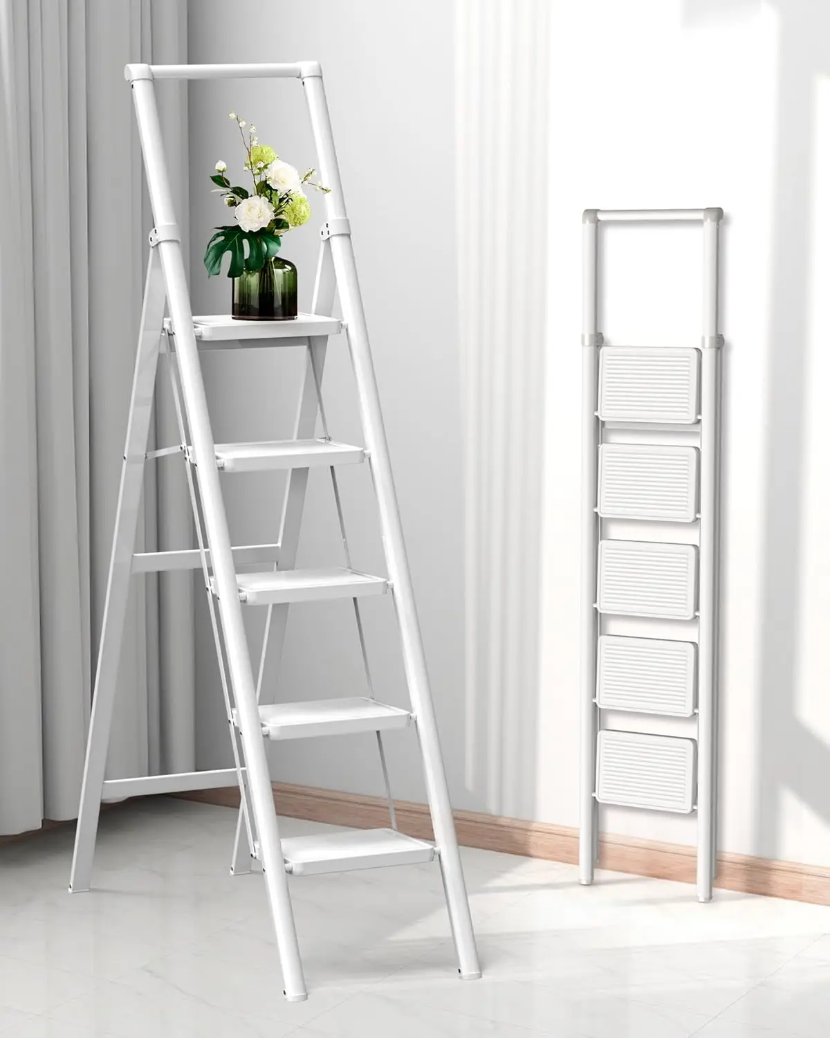 Ladder, Folding Step Stool with Handgrip and Anti-Slip Wide Pedal, Portable Stepladder for Kitchen, Home, Library, Office (300 l