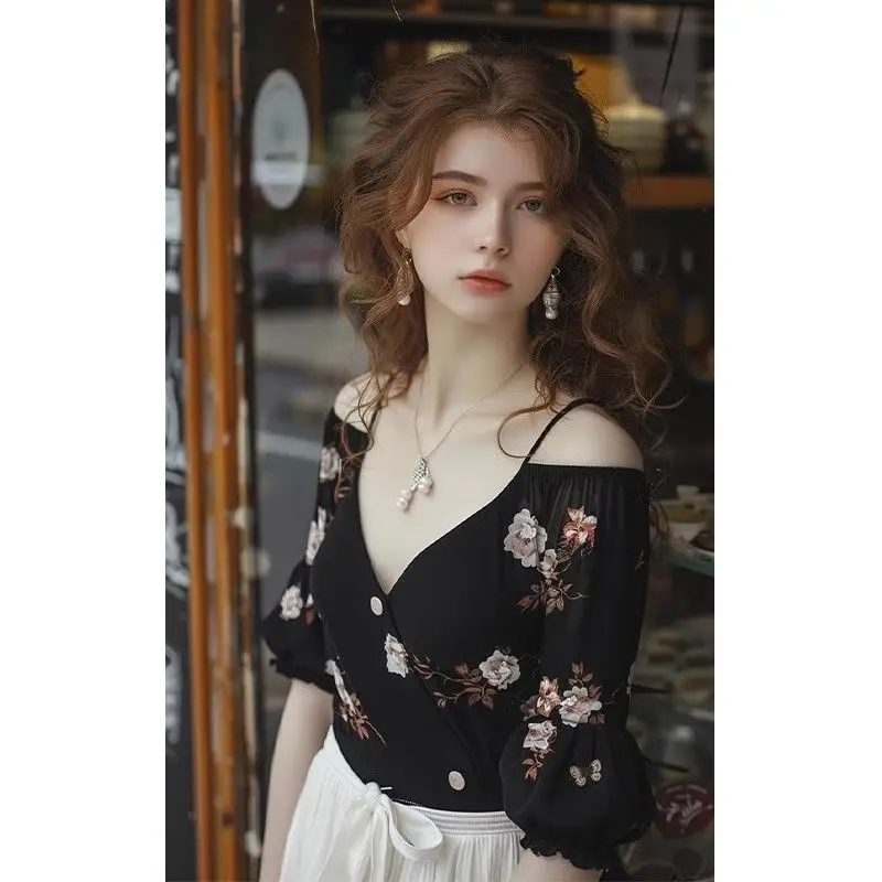 

French V-neck Floral Off-shoulder Quintessential Shirt for Women Summer New Fashion Top