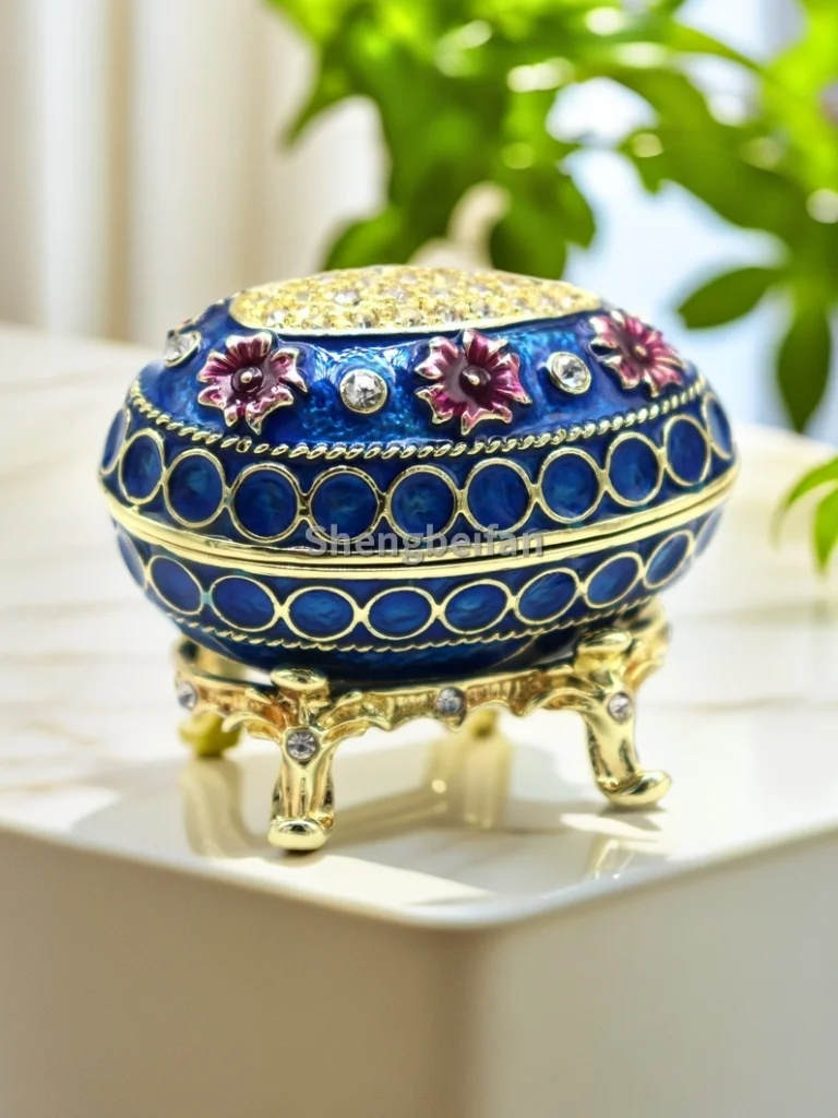 

Metal Craft Enamel Ornament Dark Blue Easter Egg Jewelry Box Trinket Counter Decoration Bithday Gift Trinket Box For Home