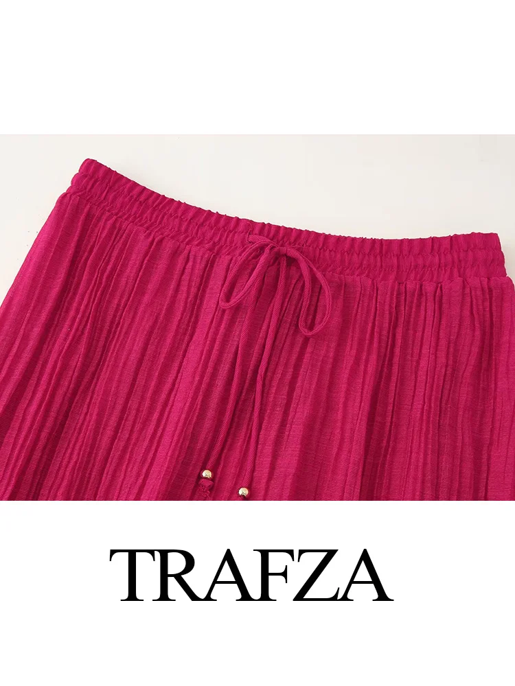 TRAFZA نساء موضة مطوي الديكور عارية الذراعين أكمام حبال البنطال القصير + مرونة الخصر القوس الدانتيل متابعة ميدي تنورة الصيف مجموعة