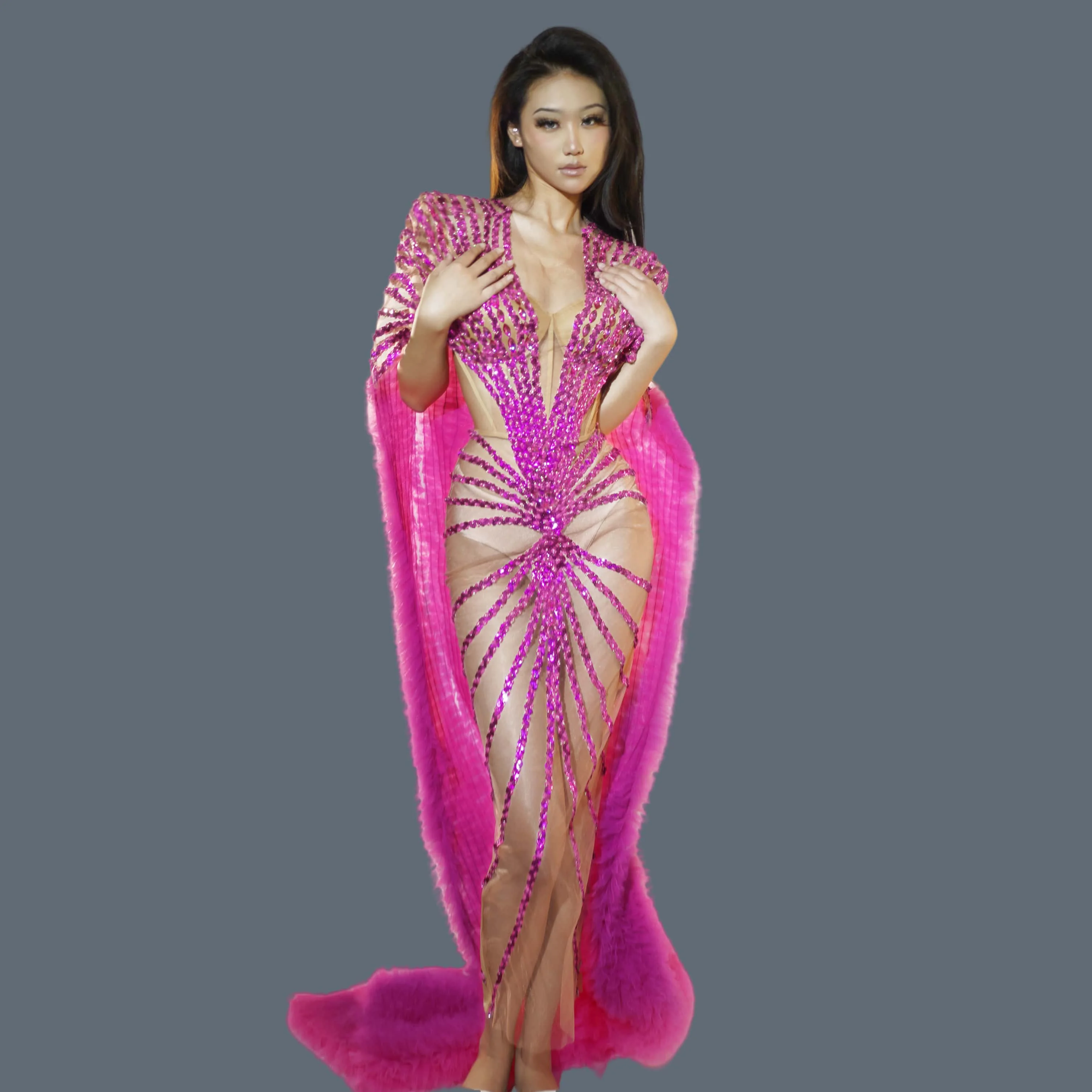 

Elegant See Through Pink Evening Gown for Women Birthday Celebrate Party Long Tail Dress Singer Show Wear Sexy Ball Dress Lizhua