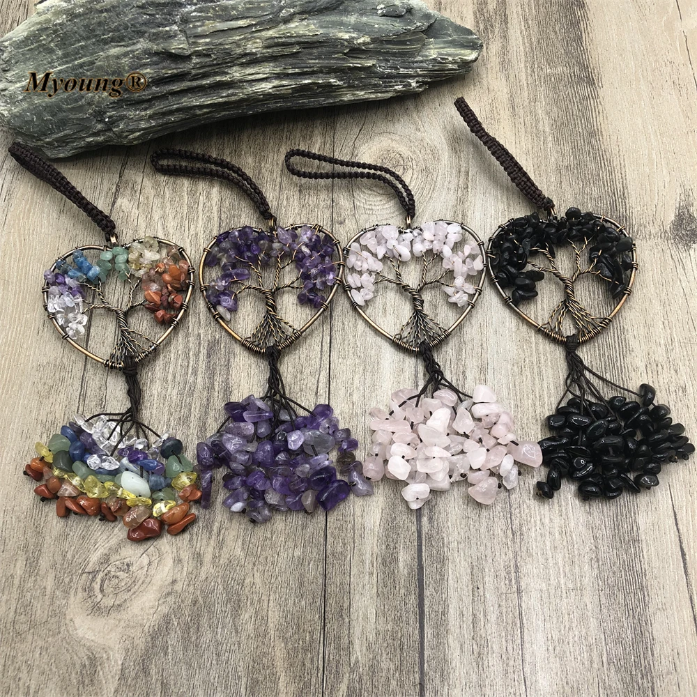 

Кулон из проволоки с гравием в виде Древа Жизни, из природных кристаллы аметиста, с драгоценными камнями