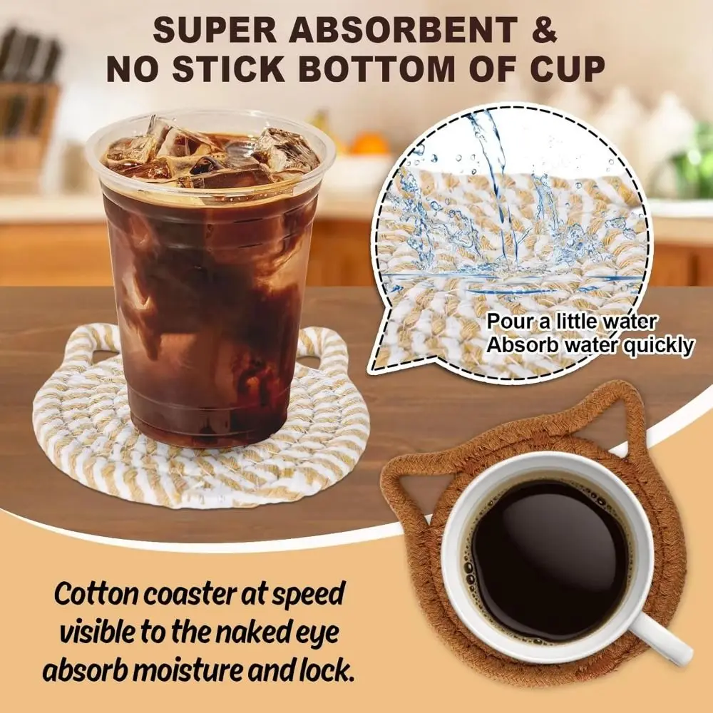 4/8 Pcs Woven Cat Ear Coasters Non-Slip Base with Storage rack Cotton Drink Coasters Round Cute Absorbent Coasters