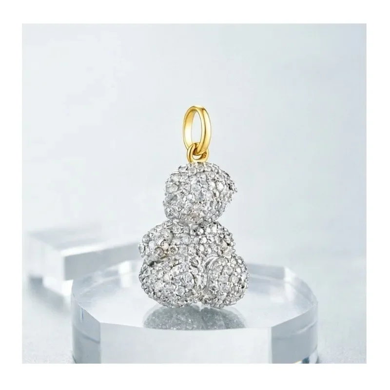 Two Tone Gold Bail Silver 3D Sitting Teddy Bear Charm Full Micro Pave Clear Zircon Sparkly Pendant For Bracelet Necklace Jewelry Gift