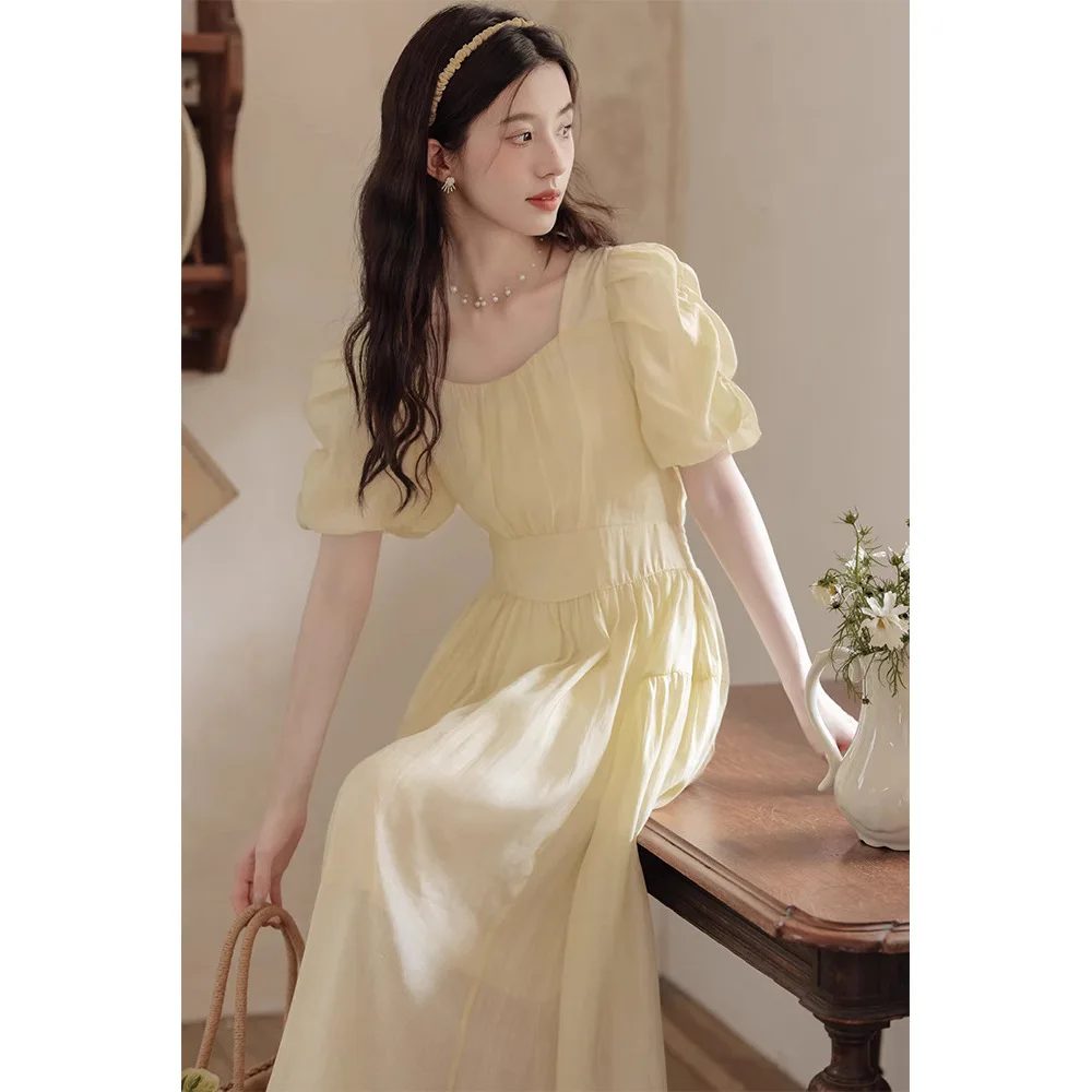 

Women's clothing 2025 summer tea break French gentle style waist cinched A-line skirt beige bubble sleeve dress
