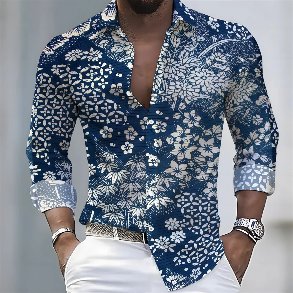 New Spring/Autumn Men's Long-Sleeved Shirt with Retro Patchwork Print, Comfortable, Lightweight, and Elegant Lapel Top