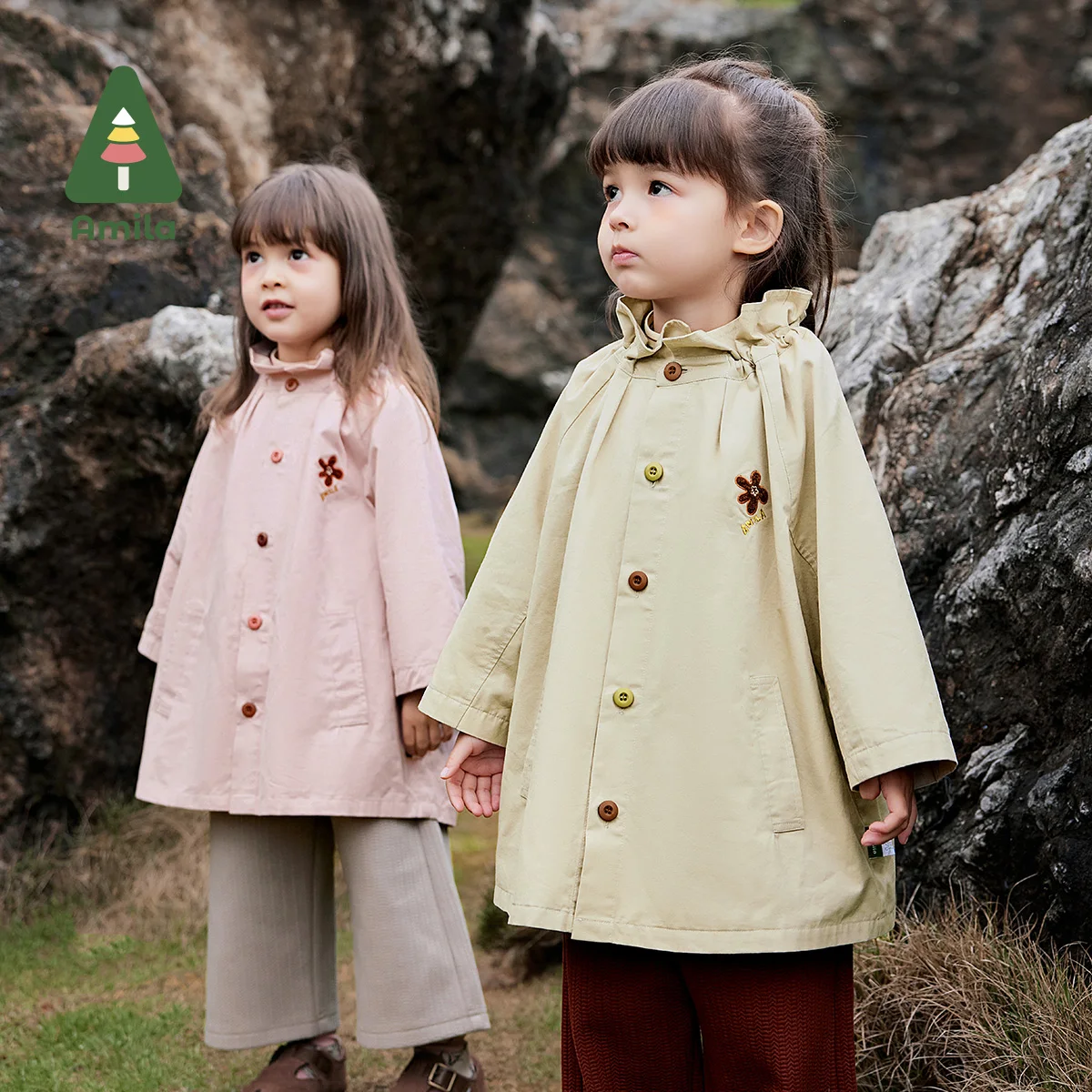 Amila Baby Windbreaker 2024 Autumn New Girls Contrast Color Wave Collar Towel Embroidery Loose Casual Flower Children‘S Coat