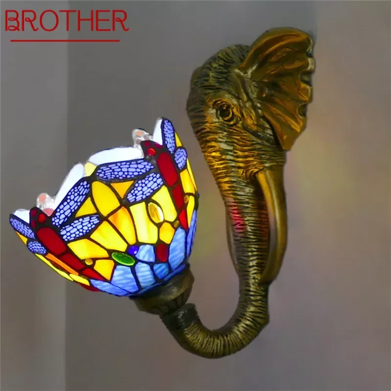 

BROTHER Tiffany Elephant Wall Lamps Vintage Bedroom Bathroom Mirror Front Lamp Hotel Restaurant Stained Glass Wall Lamp