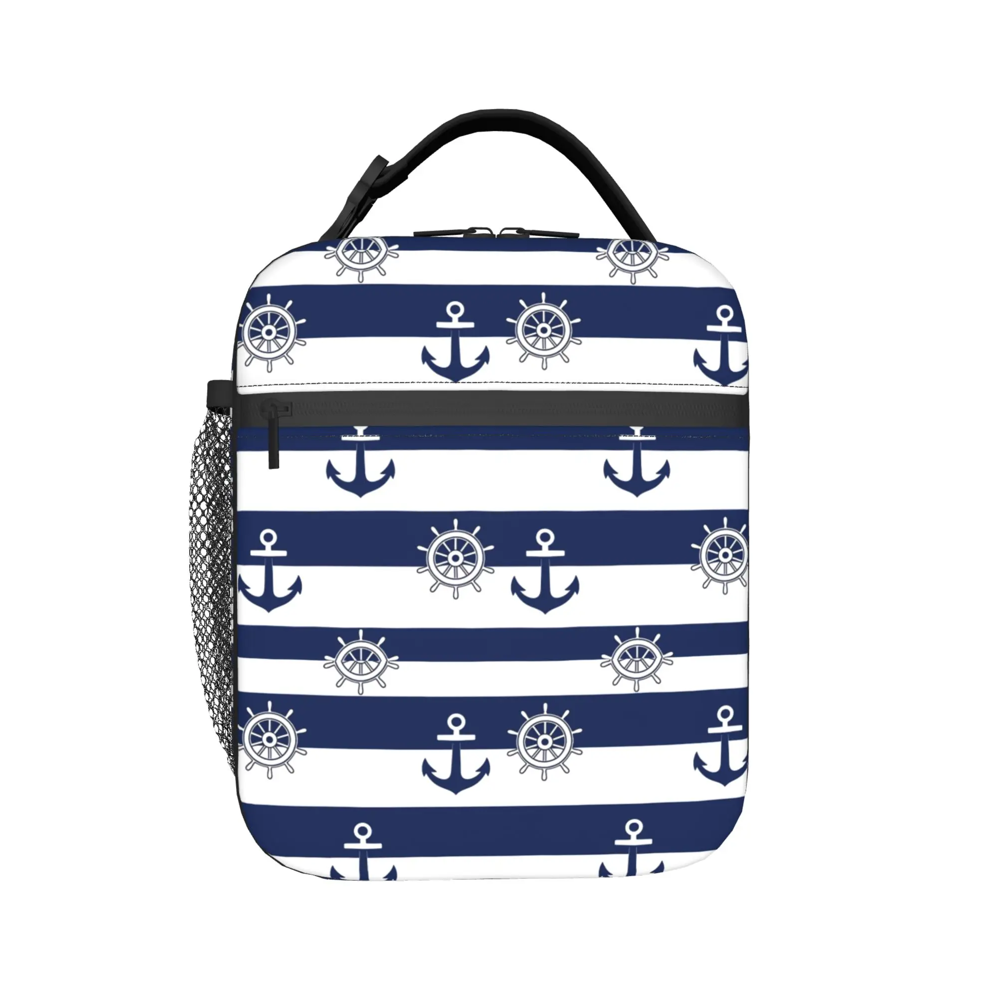 Nautical Blue Anchors With Blue And White Stripes Lunch Bag For Unisex Lunch Box Leisure Office Cooler Bag Thermal Tote Handbags