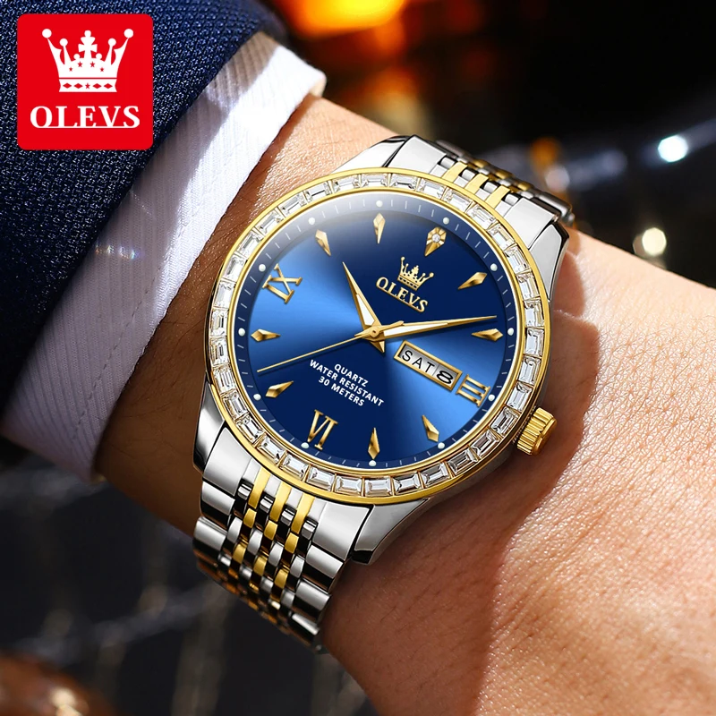 OLEVS 9922 Men\'s Watches Diamond Bezel Dual Calendar Display Clock Man Stainless steel Waterproof Business Dress Watch for Male