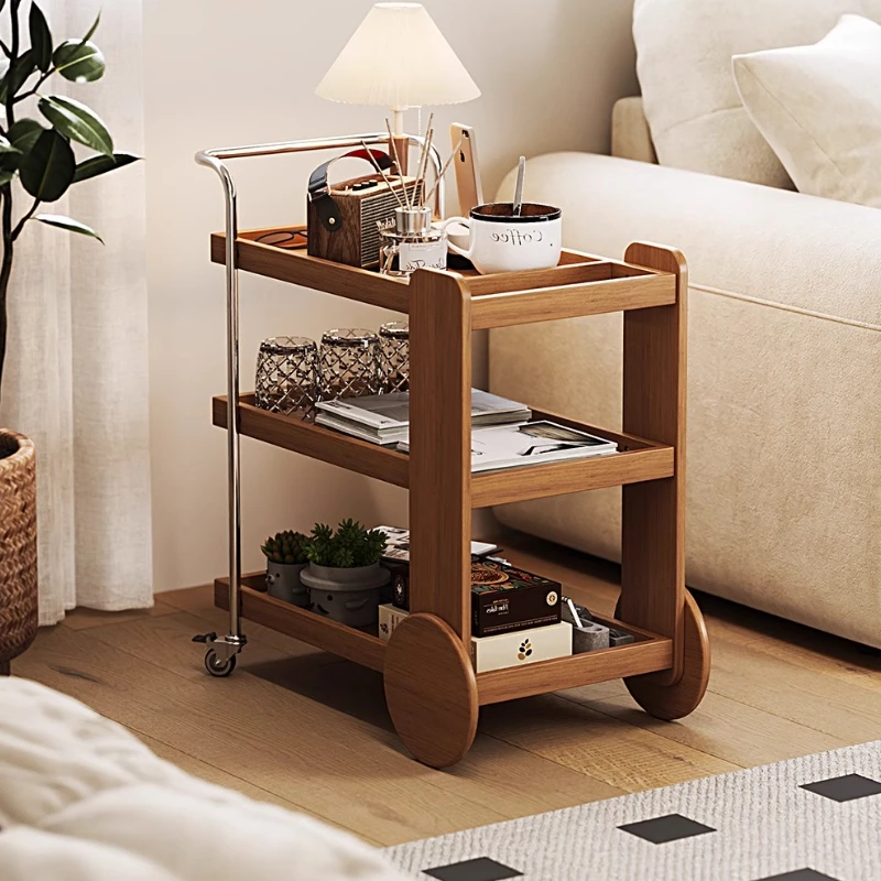 

Mid-Century Rolling Side Table Solid Wood Home Sofa End Table Japanese Tea Storage Trolley Multi-Functional Café Serving Table