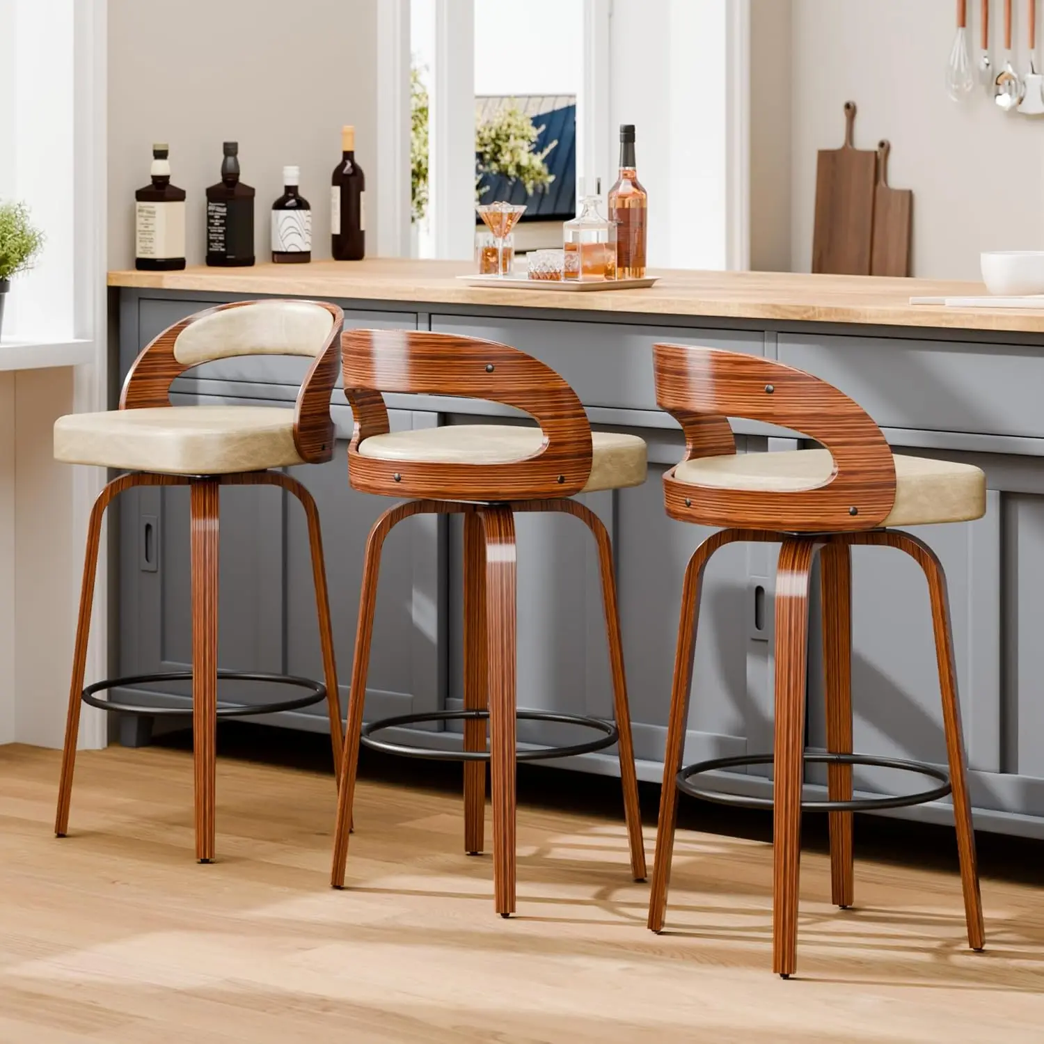 

Bar Stools Set of 3, 29" Swivel Counter Height Bar Stools, Faux Leather Barstools with Solid Wood Back, Upholstered, Customized