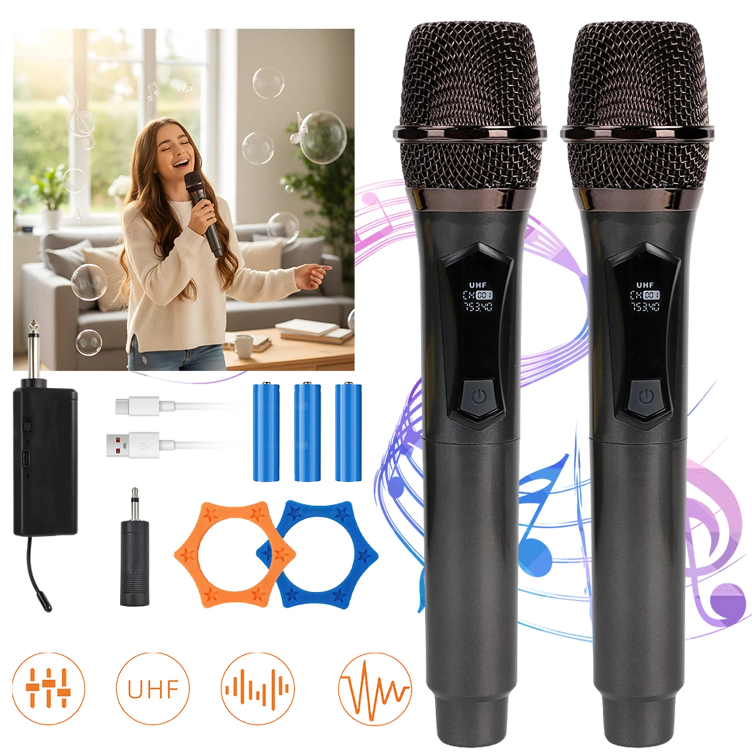 Microfono wireless a doppia antenna, microfono dinamico portatile, ideale per karaoke, matrimoni, feste, chiese, aule scolastiche, portata di 150 pied