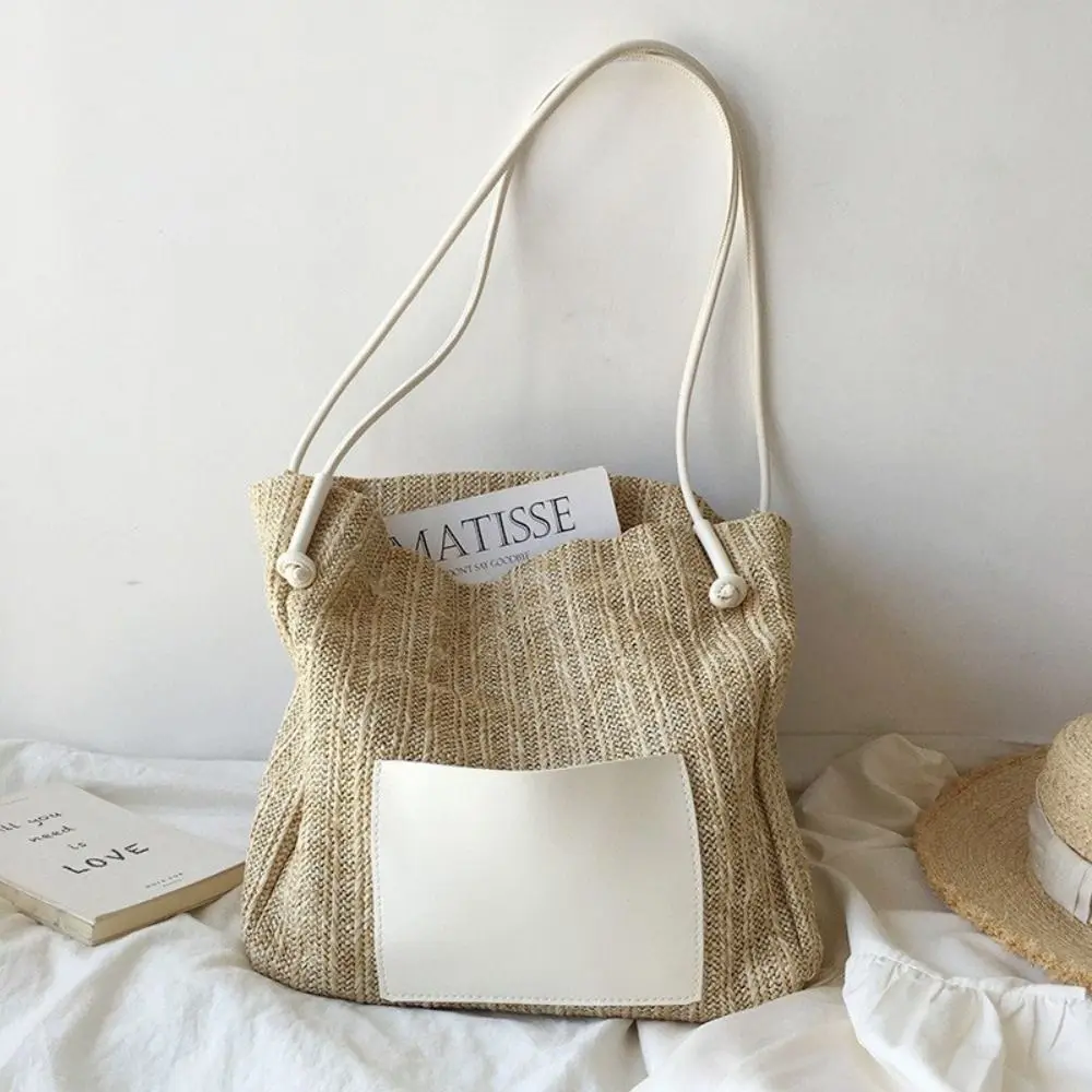 Straw Woven Straw Tote Bag Thick Material PU Strap Shoulder Purse Lightweight Large Capacity Woven Handbag Summer Travel