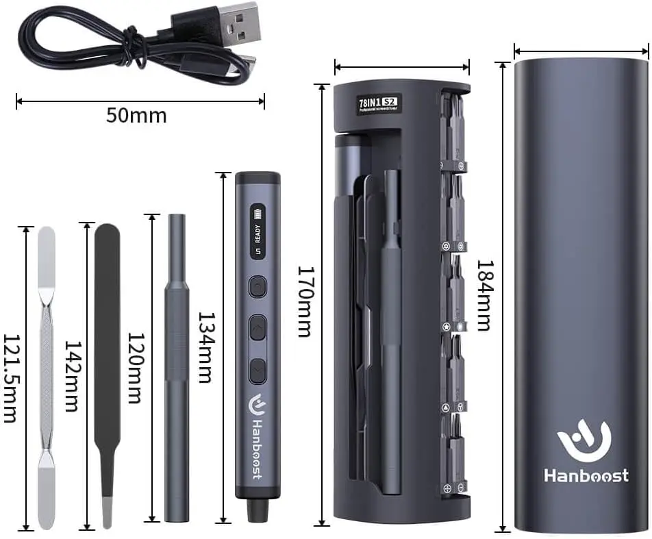 Hanboost 78-in-1 Precision Electric Screwdriver Set, 5 Torque Levels & 200 RPM, Type-C Rechargeable Mini Power Screwdriver with
