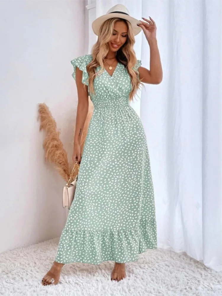 

2025 Elegant Women's V-neck Long Dress Spring Summer New Style Waist-cinching Skirt-like Hemline Fashionable Minimalist Design