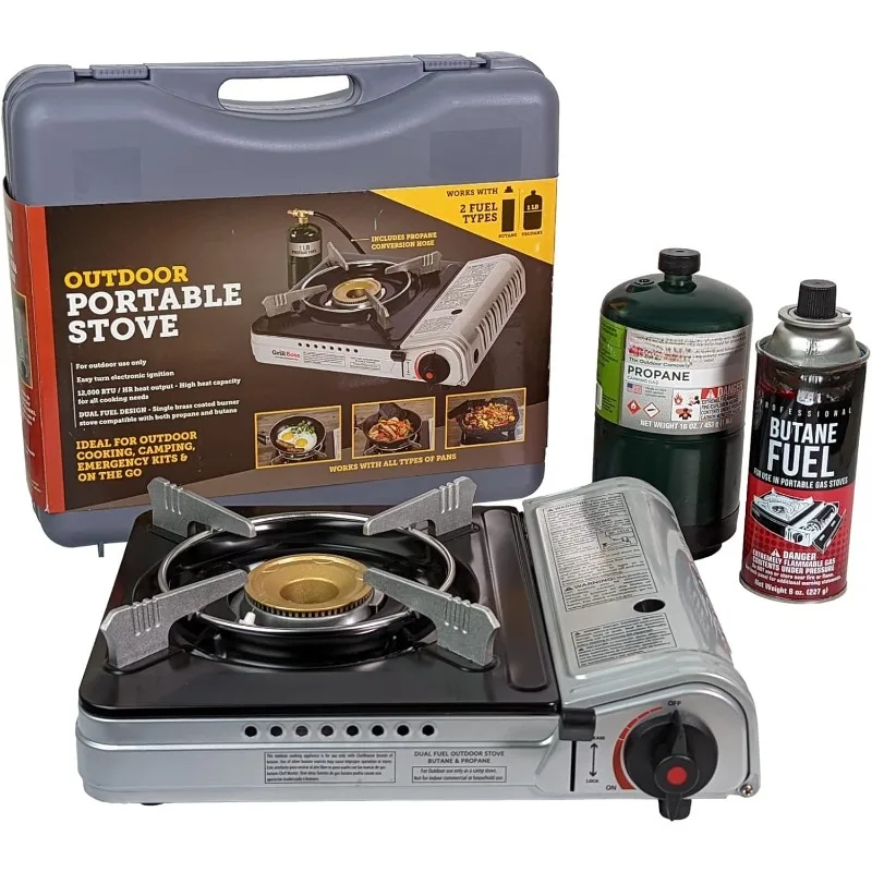 Butane & Propane Portable Camping Stove, 12K BTU Camp Stove, Dual Fuel Butane and Propane Stove for Emergency,