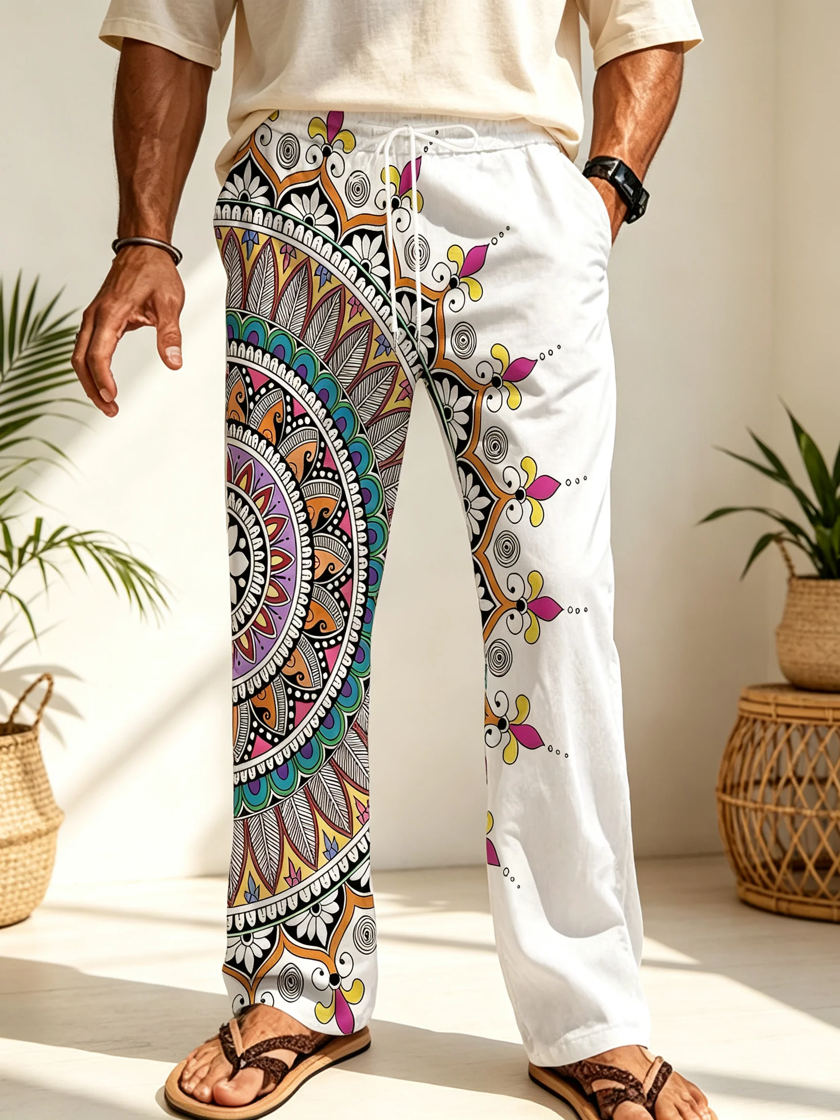 Men Boho Mandala Print Loose Wide Leg Pants Drawstring Elastic Waist Casual Beach Holiday Long Trousers With Pockets
