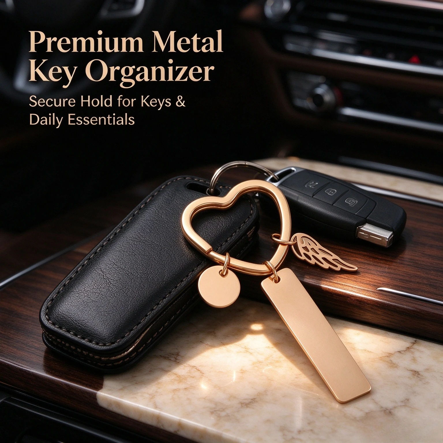 Heart Shape Key Ring with Angel Wing Charm Blank Round Disc Pendant Custom Engravable Metal Keychain Bag Charm Gift for Women