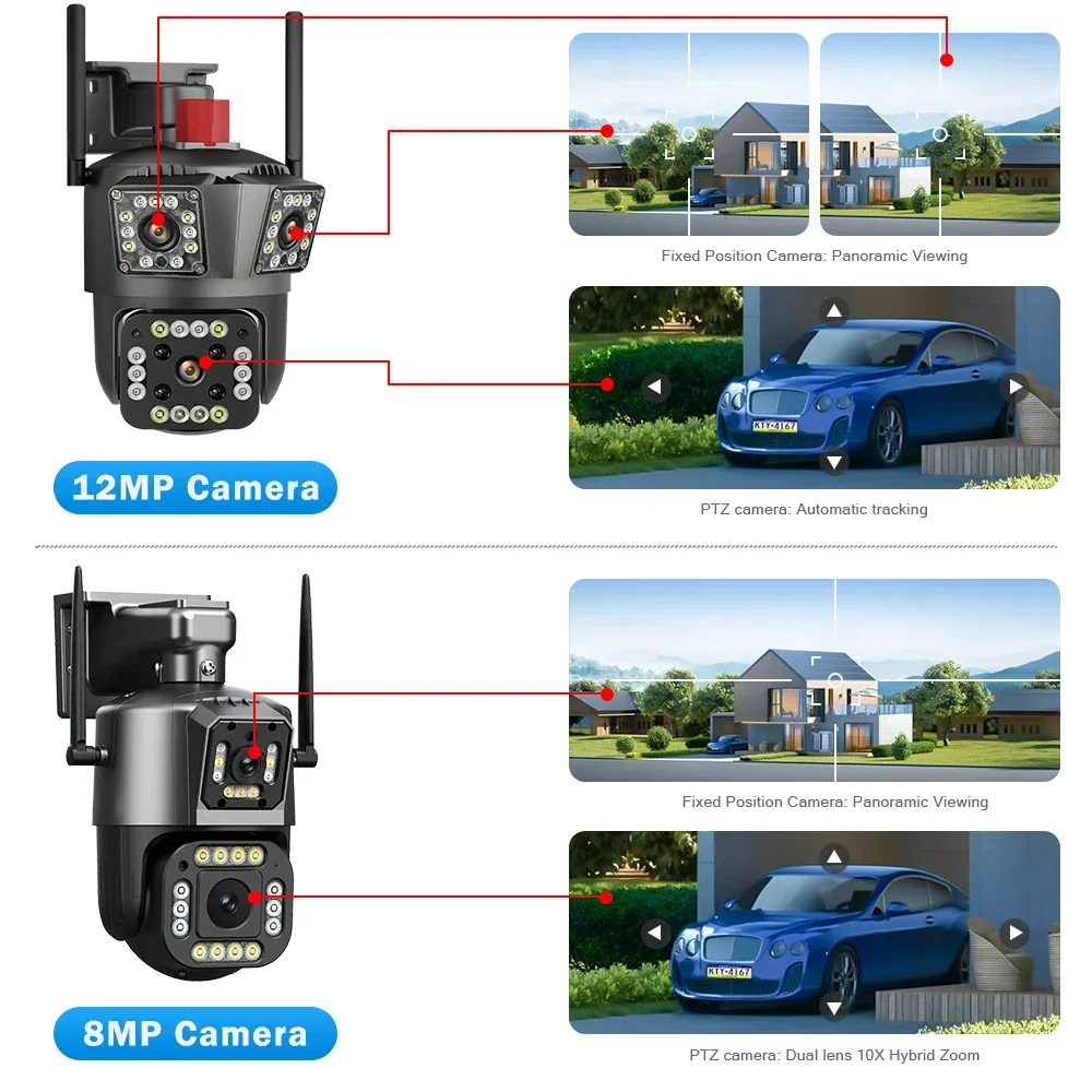 Legendsafe 12MP HD 6K WIFI IP Camera Outdoor Auto Tracking  PTZ Three Lens Three Screen Waterproofwifi security Video Camera