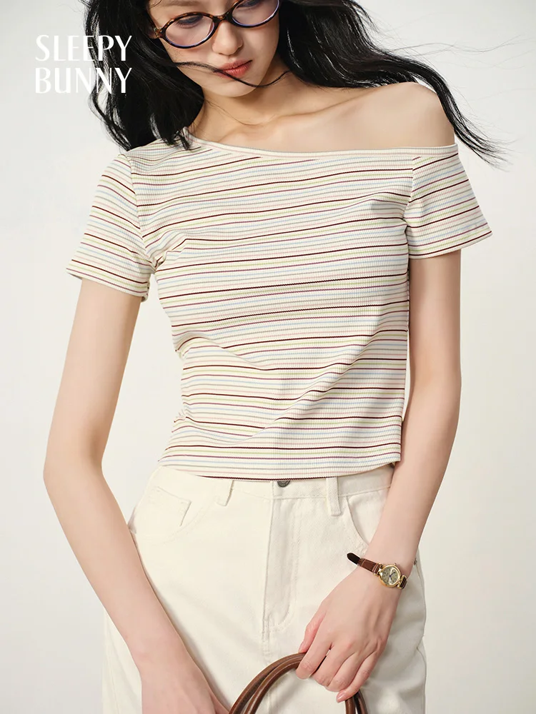 Striped One Shoulder Slim Fit T-Shirt Women Summer Short Sleeve Off Shoulder Crop Top Stretchy Sexy Tee Casual Daily Streetwear