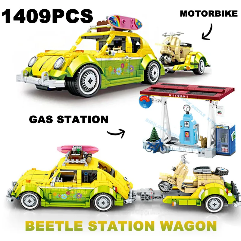 1409PCS Technical Beetle Wagon Building Blocks Tourist Picnic Cars Trailer Tractor RV Set Vehicle Model Bricks Toys For Kid Gift