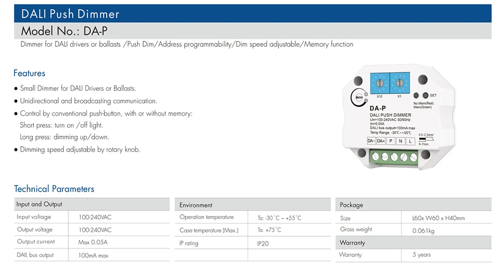 DA-P LED Dimmer 100-240V AC DALI Push Dimmer per Driver DALI o reattori Dimmer velocità regolabile con funzione di memoria Dimmer