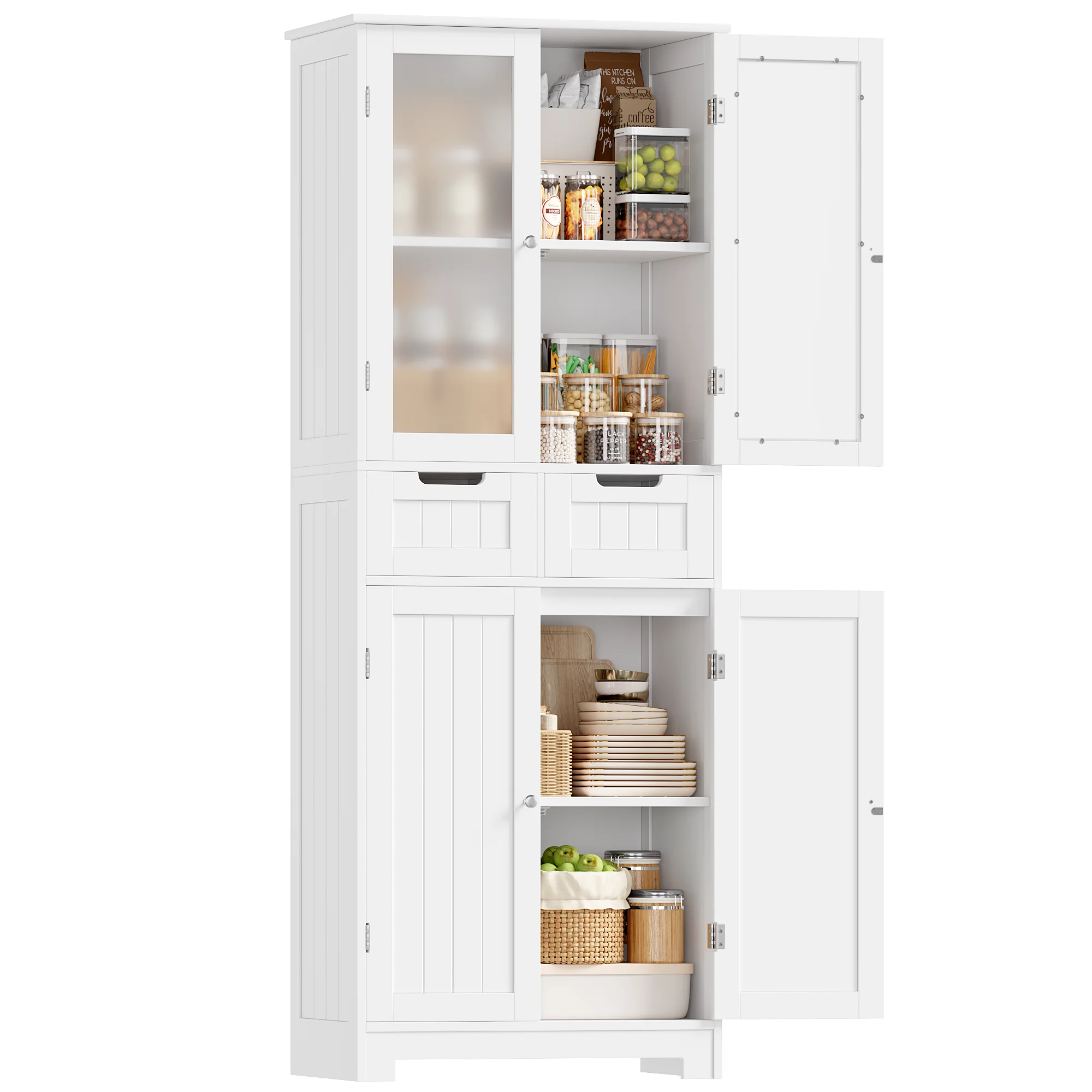 Armario de Cocina Alto de 170 cm, Armario Buffet Alto con 4 Puertas y 2 Cajones, Armario de Baño, Aparador Moderno Alto