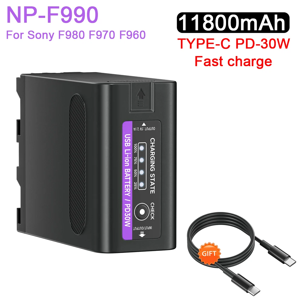 

11800mAh NP-F990 NP-F980 F970 F960 Battery with TYPE-C PD-30W Fast charge For Sony F750 F770 F330 F550 F570 F960 MC1500C 190P