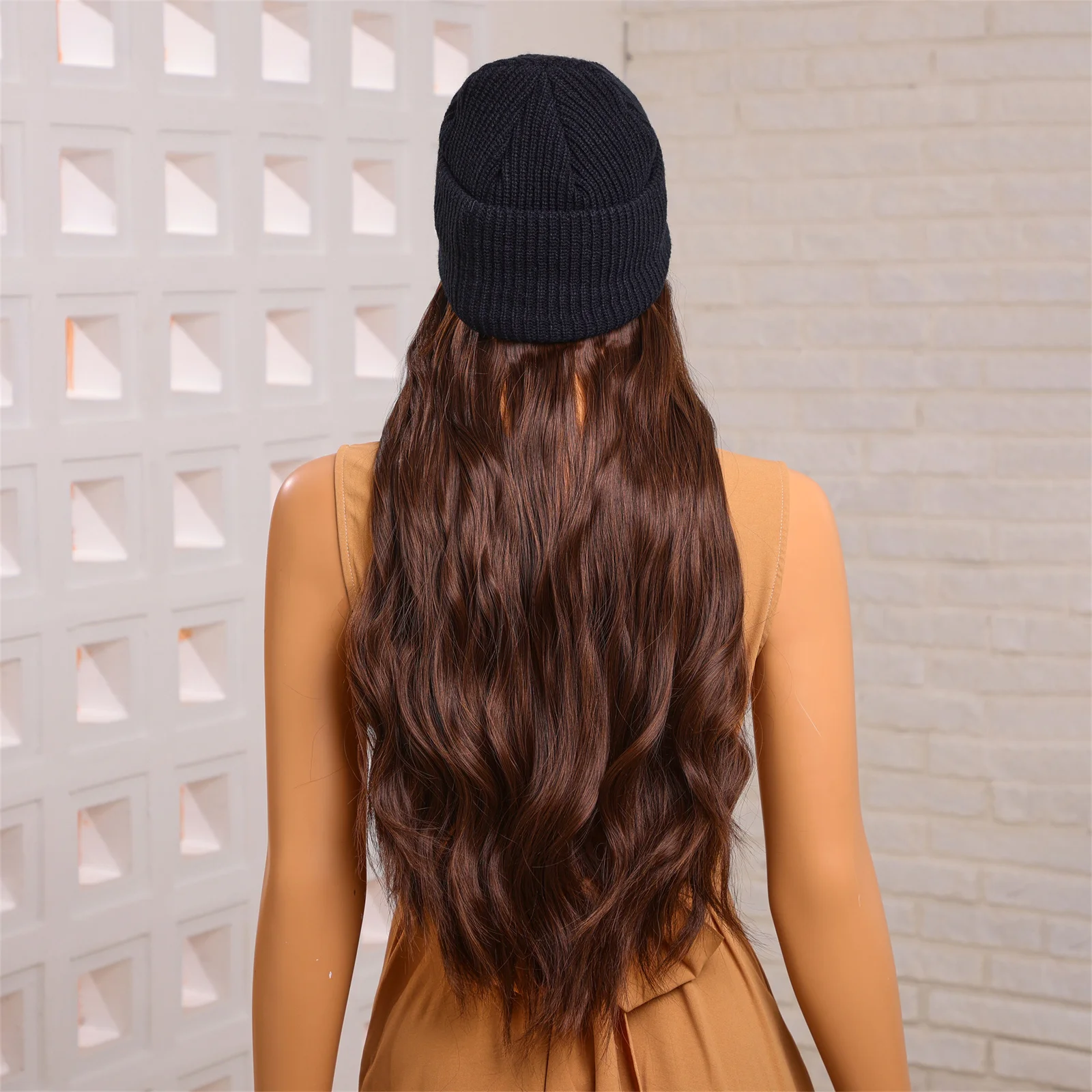 Blond Unicorn Hat wigs Cap with Hair Hat Wig Brown Body Wavy Wig Connect Synthetic Hair Women Daily Party High Temperature