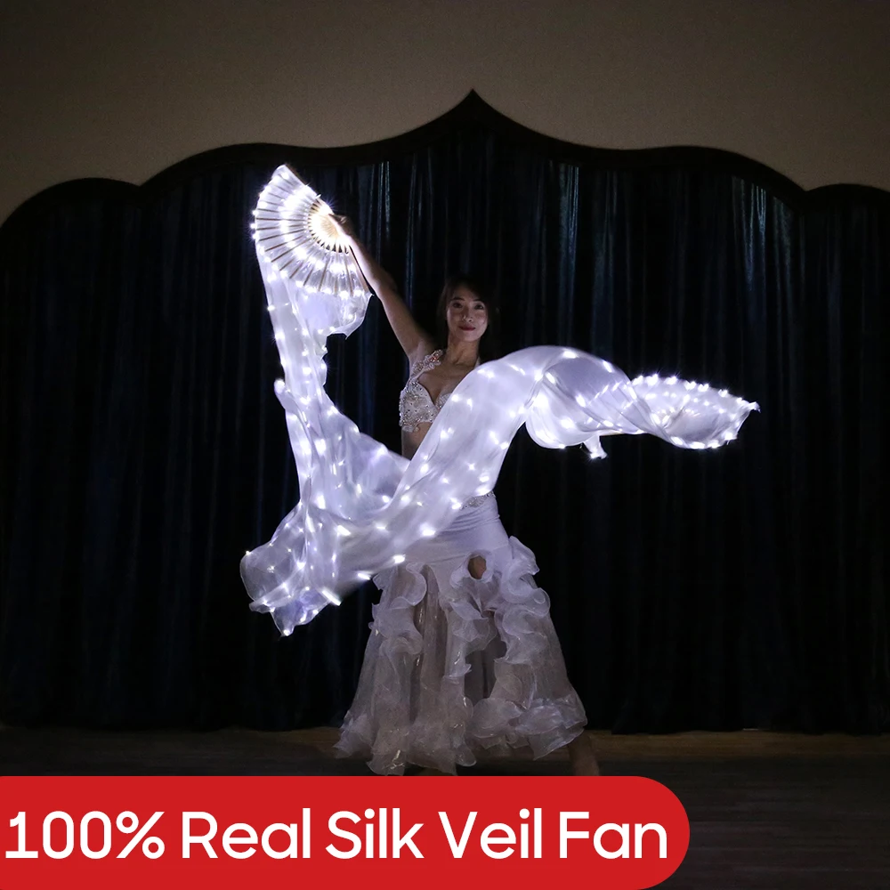 Accesorios de danza del vientre, abanico de velo de seda LED para danza del vientre, ventilador LED blanco 100, práctica y actuación en escenario, disfraces de baile